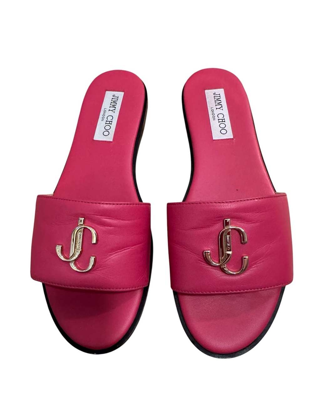 Jimmy Choo Dragonfruit Pink Leather Flat Slide Sandals with Gold JC Logo - 38